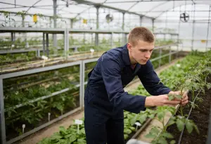 Uitzendkracht werkt in de kas met planten