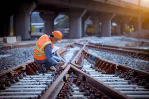 Man voert werkzaamheden uit aan rails