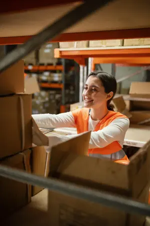 Vrouwelijke orderpicker in een magazijn