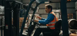 Uitzendkracht met hesje op heftruck